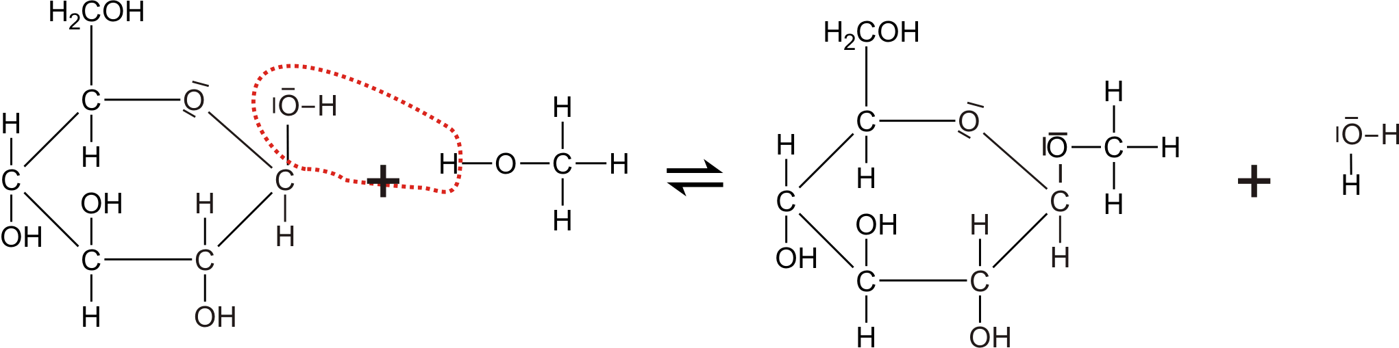 Reaktionsgleichung mit Lewis-Formel - Reaktion von Alkohol und Glucose unter Bildung eines Glycosids